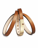 Camel leather wrap bracelet with gold clasp on a white background