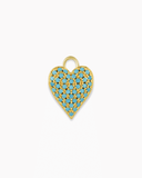 Heart-shaped charm with blue stones and gold border on a white background