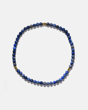 Beaded necklace with blue and gold beads on a white background