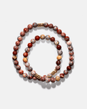 Beaded necklace with multicolored beads and gold accents on a white background