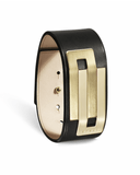 Black leather bracelet with a gold clasp on a white background