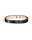 Black leather bracelet with matte black clasp on a white background