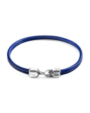 Blue leather bracelet with silver clasp on a white background