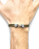 Khaki leather bracelet with a unique clasp on a wrist against a white background