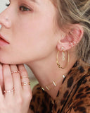 Close-up of a person wearing gold jewelry including earrings, rings, and necklaces.