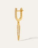 Gold drop earring with a stone-studded spike on a white background