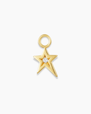 Gold star-shaped charm with a white stone on a white background