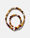 Multicolored beaded necklace on a white background