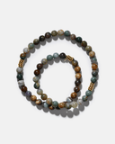 Multicolored beaded necklace on a white background