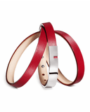 Red leather wrap bracelet with silver clasp on a white background