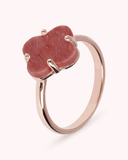 Ring with a pink stone and rose gold band on a white background