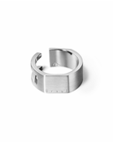 Silver ring with a unique design on a white background
