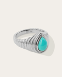 Silver ring with a turquoise stone on a white background