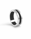 Silver ring with black leather interior on a white background