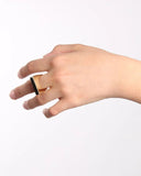 Hand wearing a gold ring on a white background