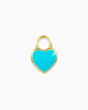 Turquoise heart-shaped charm with gold outline on a white background